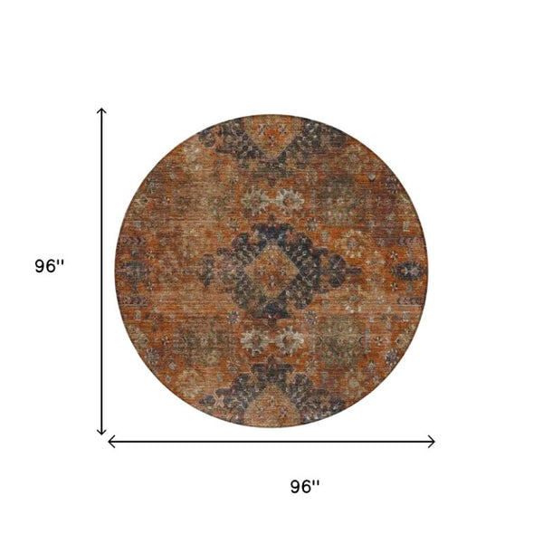8 Foot Round Oriental Polyester Area Rug Washable Indoor Outdoor Rust Pattern