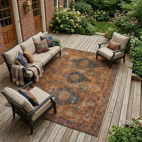 8 X 10 Rust Orange Oriental Polyester Area Rug Washable Stain Resistant Indoor