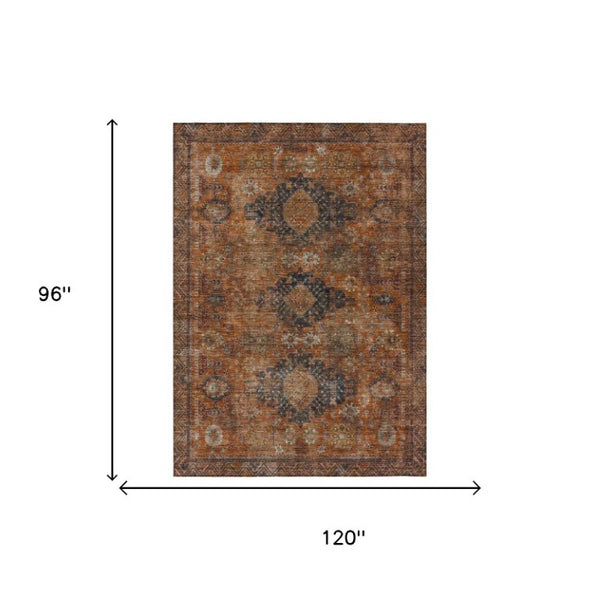 8 X 10 Rust Orange Oriental Polyester Area Rug Washable Stain Resistant Indoor