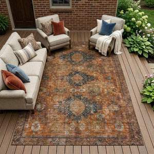 9 X 12 Rust Orange Oriental Polyester Area Rug Stain Resistant Indoor Outdoor