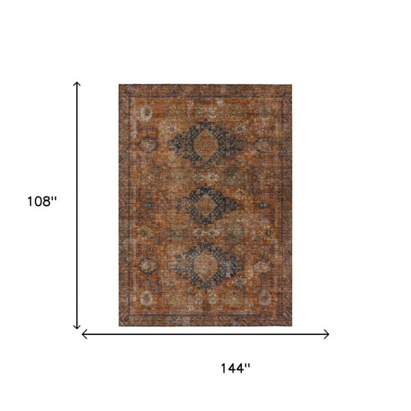 9 X 12 Rust Orange Oriental Polyester Area Rug Stain Resistant Indoor Outdoor