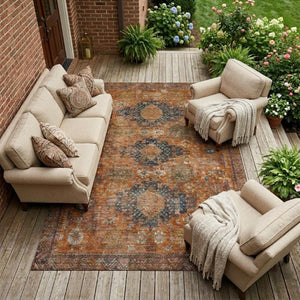 10 X 14 Rust Orange Oriental Polyester Area Rug Washable Indoor Outdoor Patio