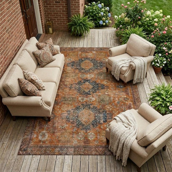 10 X 14 Rust Orange Oriental Polyester Area Rug Washable Indoor Outdoor Patio