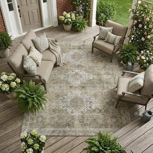 8 X 10 Beige Brown Oriental Polyester Area Rug Stain Resistant Indoor Outdoor
