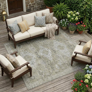 10 X 14 Oriental Polyester Area Rug Beige Brown Washable for Indoor Outdoor Use