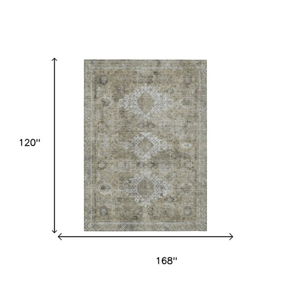 10 X 14 Oriental Polyester Area Rug Beige Brown Washable for Indoor Outdoor Use