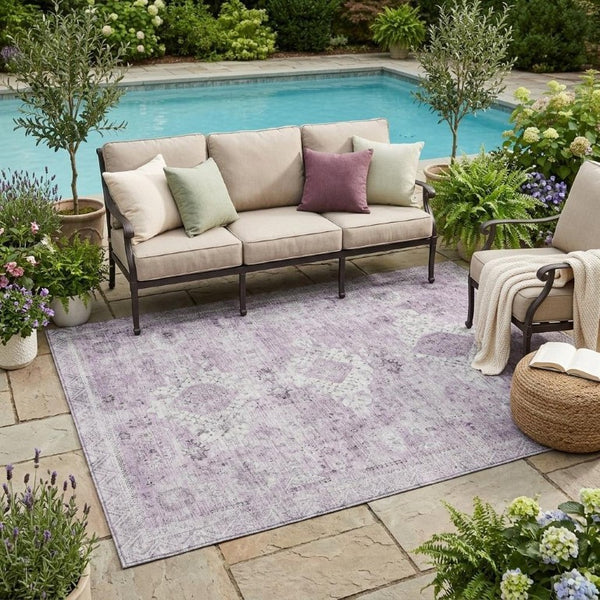 5x8 Lilac Purple Oriental Polyester Area Rug Washable for Indoor Outdoor Use