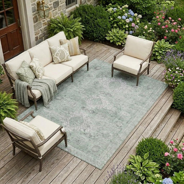 9x12 Oriental Polyester Area Rug Washable Stain Resistant Indoor Outdoor Mint