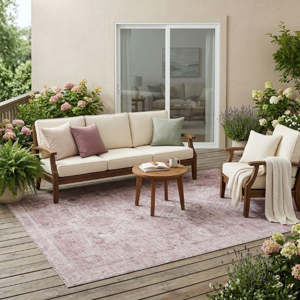 5x8 Pink Blush Oriental Polyester Area Rug Washable Stain Resistant Indoor Outdoor