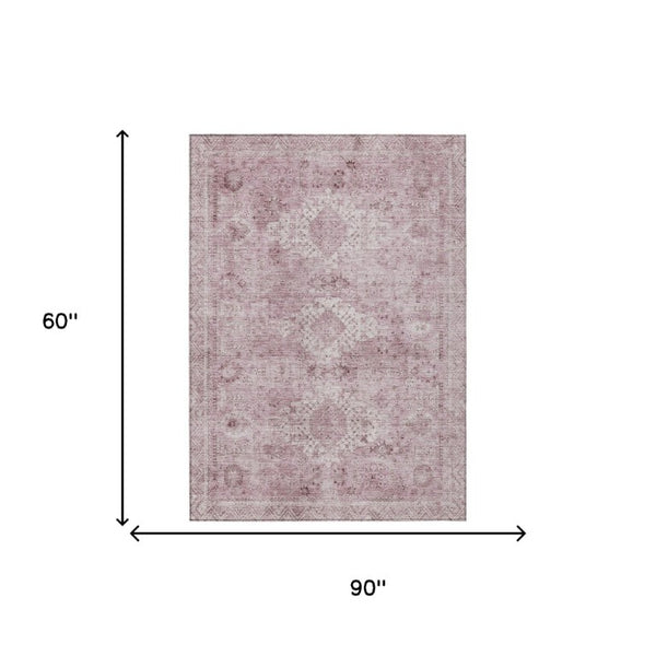 5x8 Pink Blush Oriental Polyester Area Rug Washable Stain Resistant Indoor Outdoor