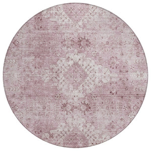 HomeRoots 8 Ft Round Oriental Blush Polyester Rug Washable Pet Friendly Patio or Family Room 742381
