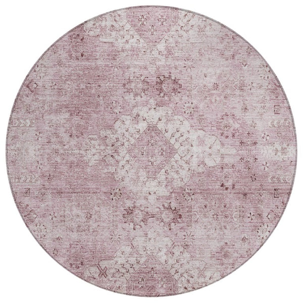 HomeRoots 8 Ft Round Oriental Blush Polyester Rug Washable Pet Friendly Patio or Family Room 742381