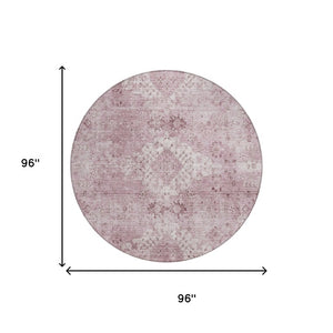8 Ft Round Oriental Blush Polyester Rug Washable Pet Friendly Patio or Family Room