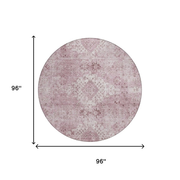 8 Ft Round Oriental Blush Polyester Rug Washable Pet Friendly Patio or Family Room