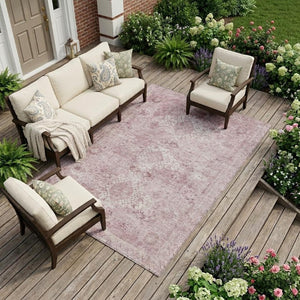 8 X 10 Pink Blush Oriental Polyester Area Rug Washable for Indoor Outdoor Use