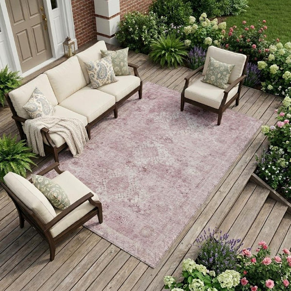 8 X 10 Pink Blush Oriental Polyester Area Rug Washable for Indoor Outdoor Use