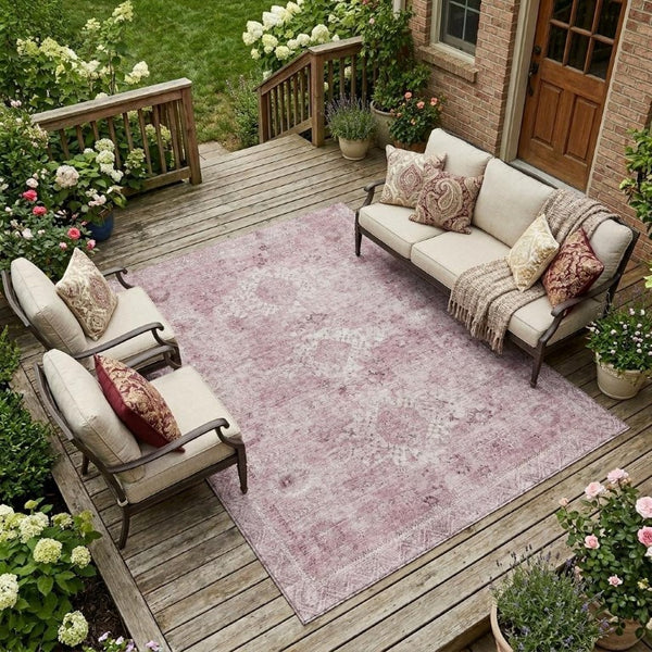 9 X 12 Pink Blush Oriental Polyester Area Rug Washable Stain Resistant Indoor Outdoor