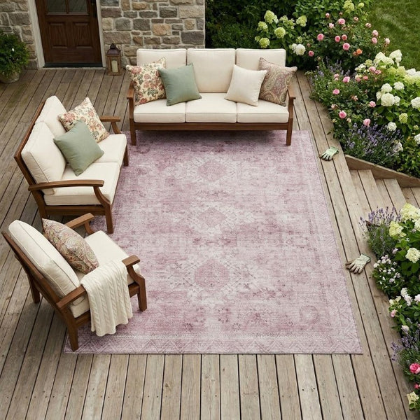 10 X 14 Pink Blush Oriental Polyester Area Rug Washable for Indoor Outdoor Use