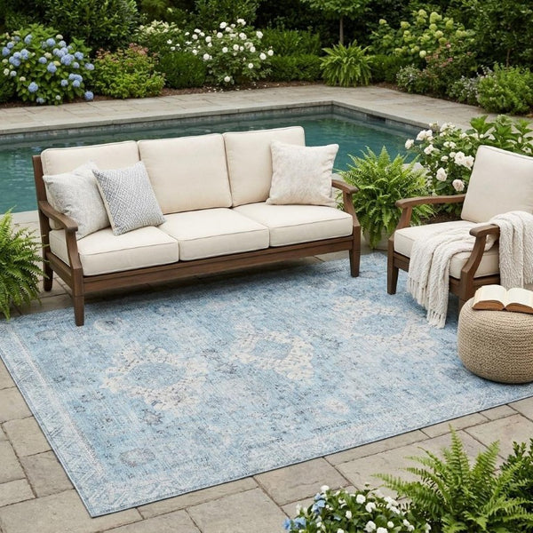 5x8 Sky Blue Oriental Polyester Area Rug Washable Stain Resistant Indoor Outdoor Patio