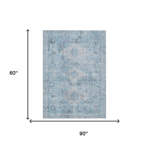 5x8 Sky Blue Oriental Polyester Area Rug Washable Stain Resistant Indoor Outdoor Patio
