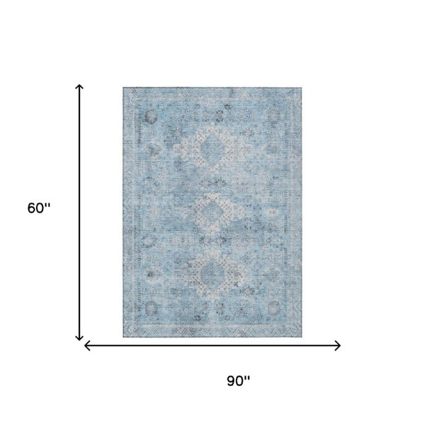 5x8 Sky Blue Oriental Polyester Area Rug Washable Stain Resistant Indoor Outdoor Patio