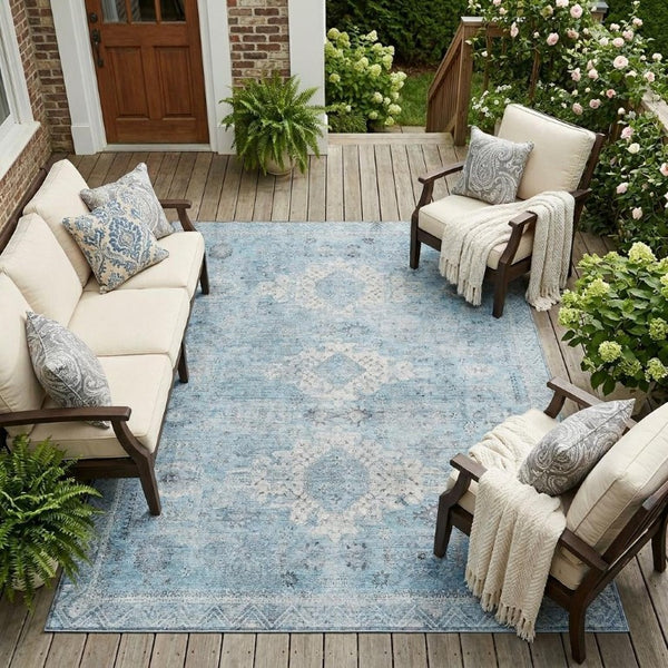 9x12 Sky Blue Oriental Polyester Area Rug Washable Stain Resistant Indoor Outdoor
