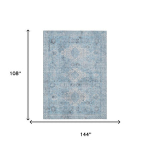 9x12 Sky Blue Oriental Polyester Area Rug Washable Stain Resistant Indoor Outdoor
