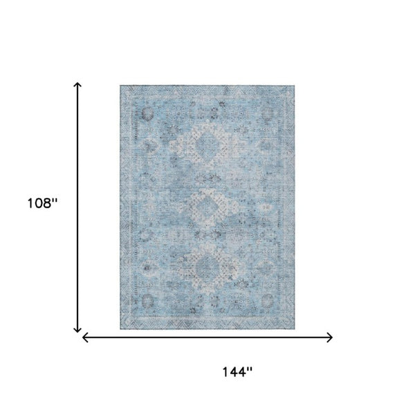 9x12 Sky Blue Oriental Polyester Area Rug Washable Stain Resistant Indoor Outdoor