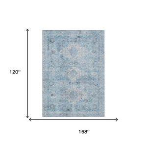 10 X 14 Oriental Polyester Area Rug Washable Stain Resistant Indoor Outdoor Blue