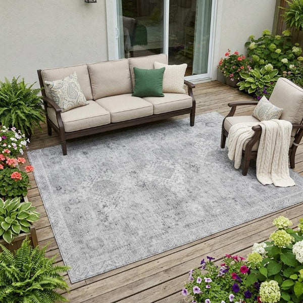 5x8 Silver Gray Oriental Polyester Area Rug Washable for Patio Porch or Living Room