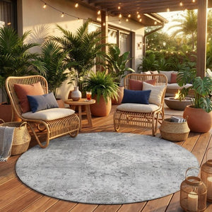 8 Ft Round Oriental Polyester Area Rug Stain Resistant Indoor Outdoor Silver Gray
