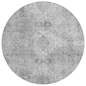 HomeRoots 8 Ft Round Oriental Polyester Area Rug Stain Resistant Indoor Outdoor Silver Gray 742393