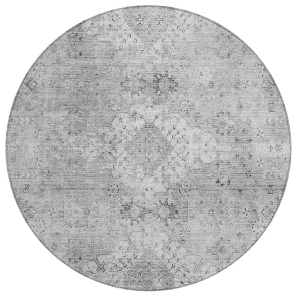 HomeRoots 8 Ft Round Oriental Polyester Area Rug Stain Resistant Indoor Outdoor Silver Gray 742393
