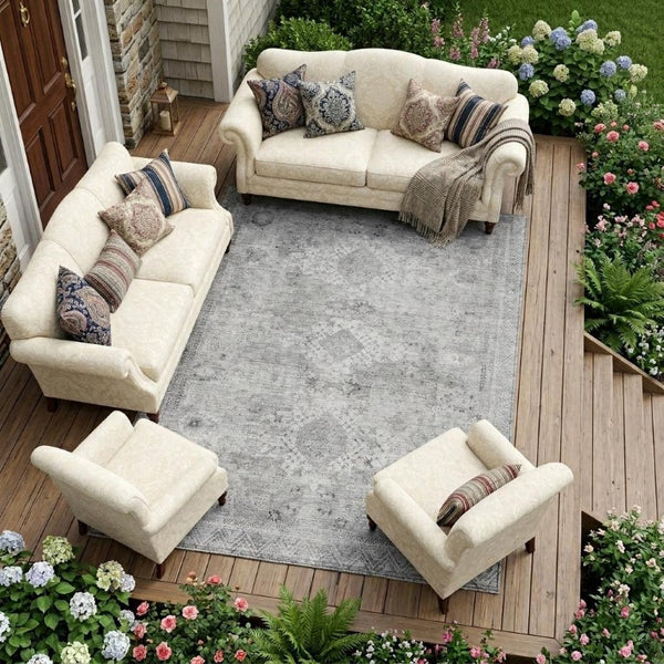 8x10 Silver Gray Oriental Polyester Area Rug Stain Resistant for Indoor Outdoor Use