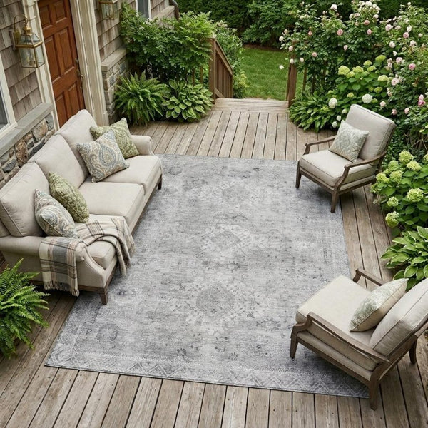 9 X 12 Silver Gray Oriental Polyester Rug Stain Resistant for Indoor Outdoor Use