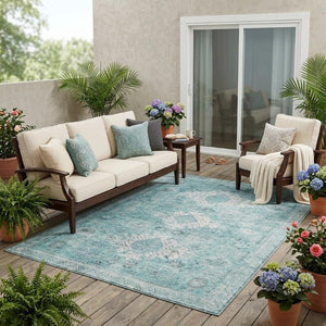 5 X 8 Turquoise Teal Oriental Polyester Area Rug Stain Resistant Indoor Outdoor