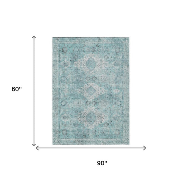 5 X 8 Turquoise Teal Oriental Polyester Area Rug Stain Resistant Indoor Outdoor