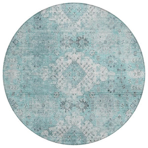 HomeRoots 8 Ft Round Oriental Rug Teal Washable Polyester for Indoor Outdoor Spaces 742399