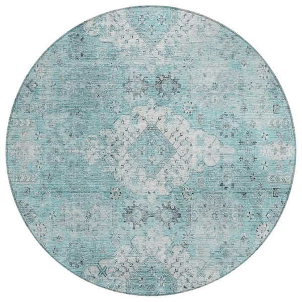 HomeRoots 8 Ft Round Oriental Rug Teal Washable Polyester for Indoor Outdoor Spaces 742399