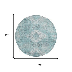 8 Ft Round Oriental Rug Teal Washable Polyester for Indoor Outdoor Spaces