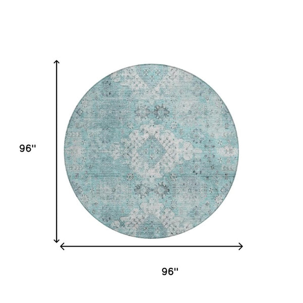 8 Ft Round Oriental Rug Teal Washable Polyester for Indoor Outdoor Spaces