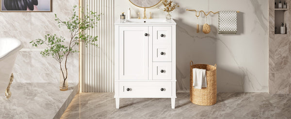English Elm 24-inch Matte Bathroom Vanity Rubberwood Cabinet with Ceramic Sink and Soft-close Drawers White N729P377516K