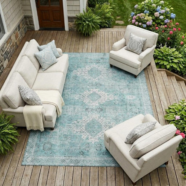 9 X 12 Turquoise Teal Oriental Polyester Indoor Outdoor Rug Stain Resistant