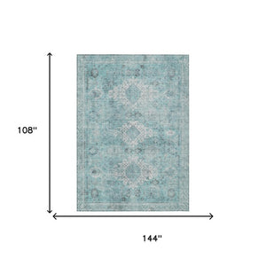 9 X 12 Turquoise Teal Oriental Polyester Indoor Outdoor Rug Stain Resistant