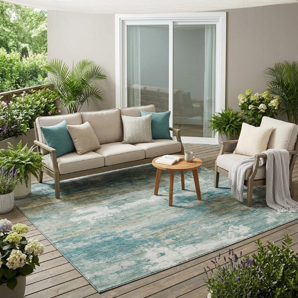 5x8 Abstract Aqua Teal Polyester Area Rug Washable Stain Resistant for Patio