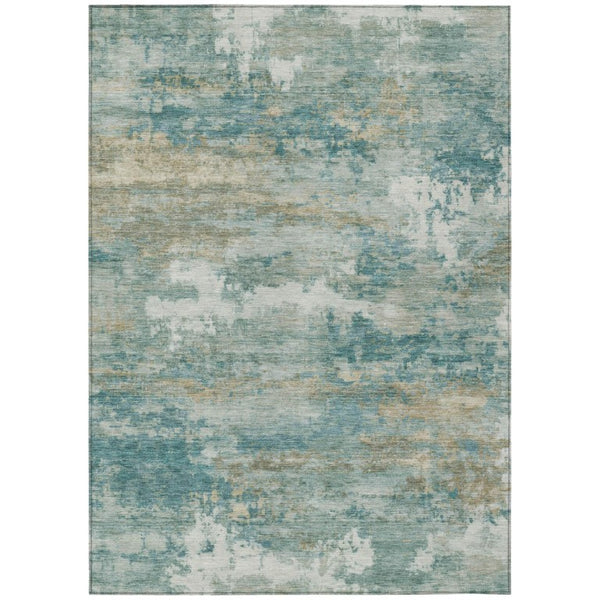 HomeRoots 5x8 Abstract Aqua Teal Polyester Area Rug Washable Stain Resistant for Patio 742410
