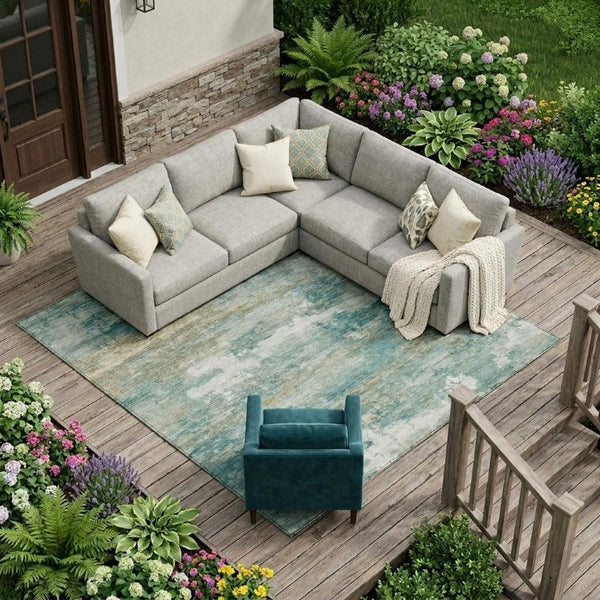 8 X 10 Abstract Aqua Teal Polyester Area Rug Washable for Patio or Living Room