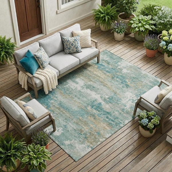 9x12 Abstract Aqua Teal Polyester Area Rug Stain Resistant for Patio or Living Room