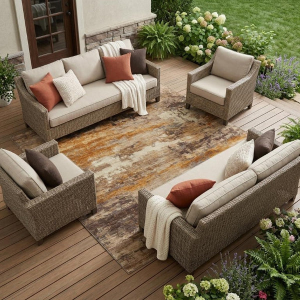 9 X 12 Abstract Polyester Area Rug Washable Indoor Outdoor Brown Copper Tones