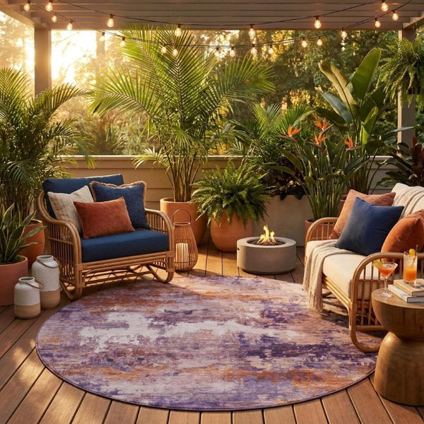 8 Ft Round Abstract Polyester Rug Washable Stain Resistant for Indoor Outdoor Use